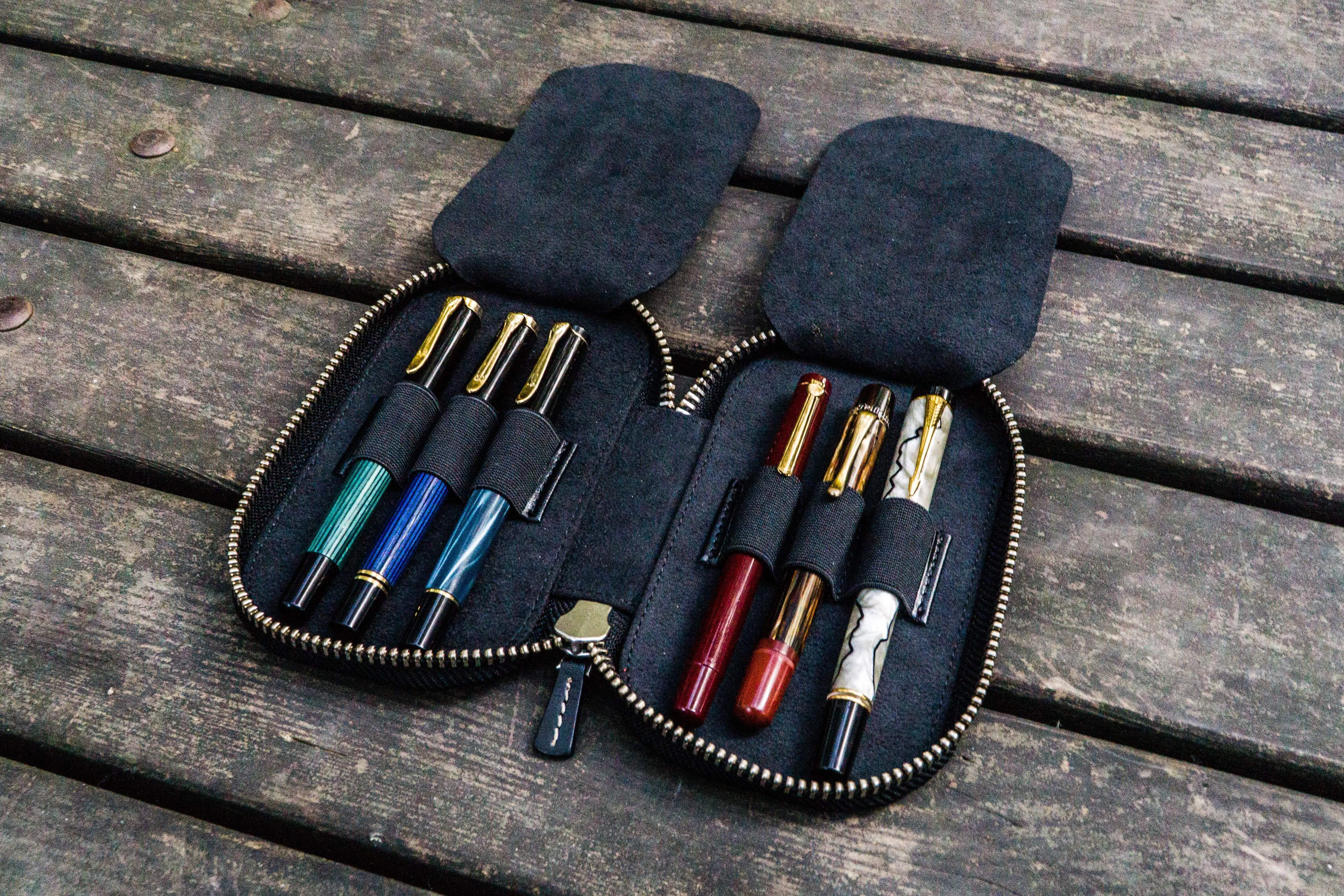 Leather Zippered 6 Slots Pen Case - Black