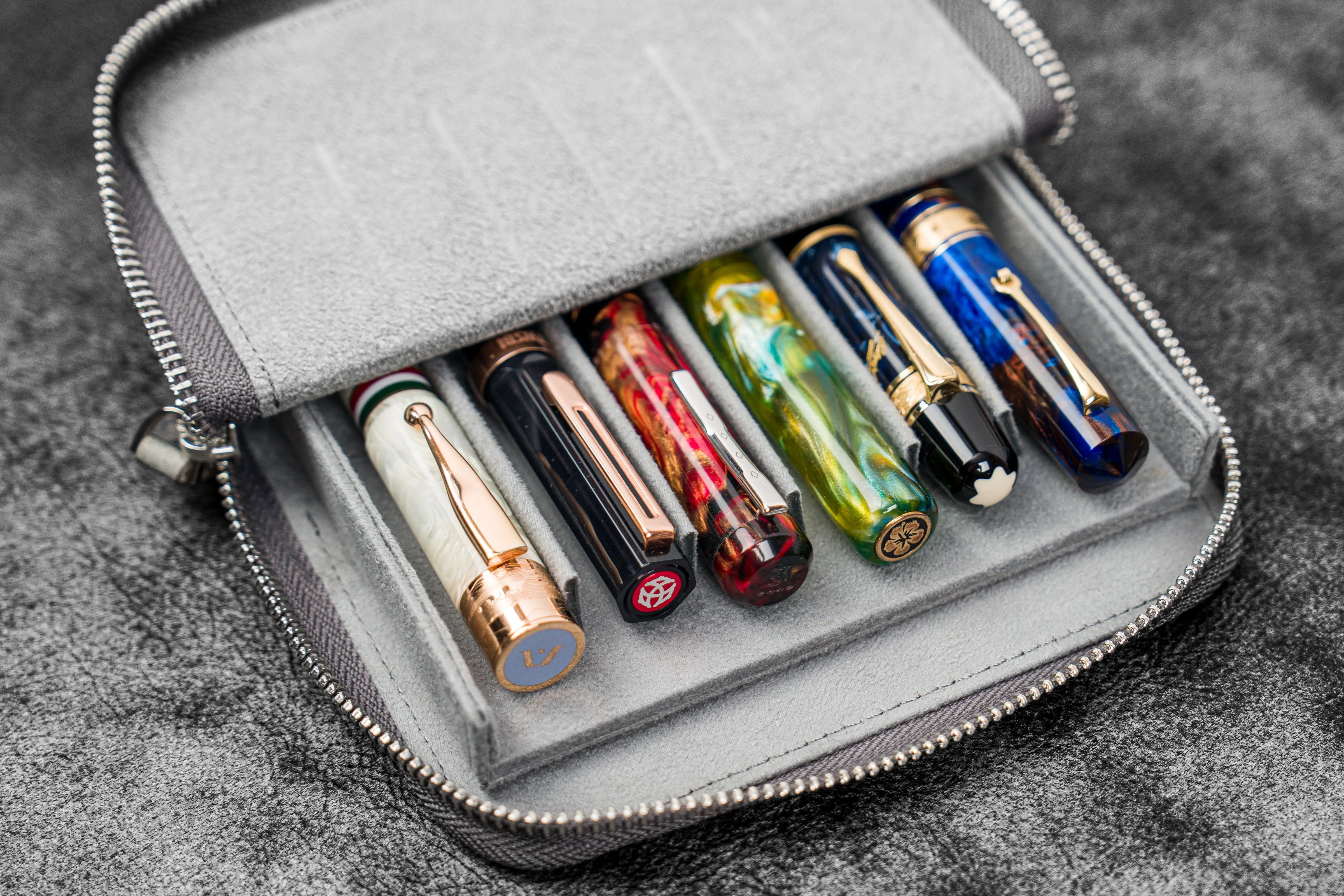 Leather Zippered Magnum Opus 6 Slots Hard Pen Case with Removable Pen Tray - Crazy Horse Smoky