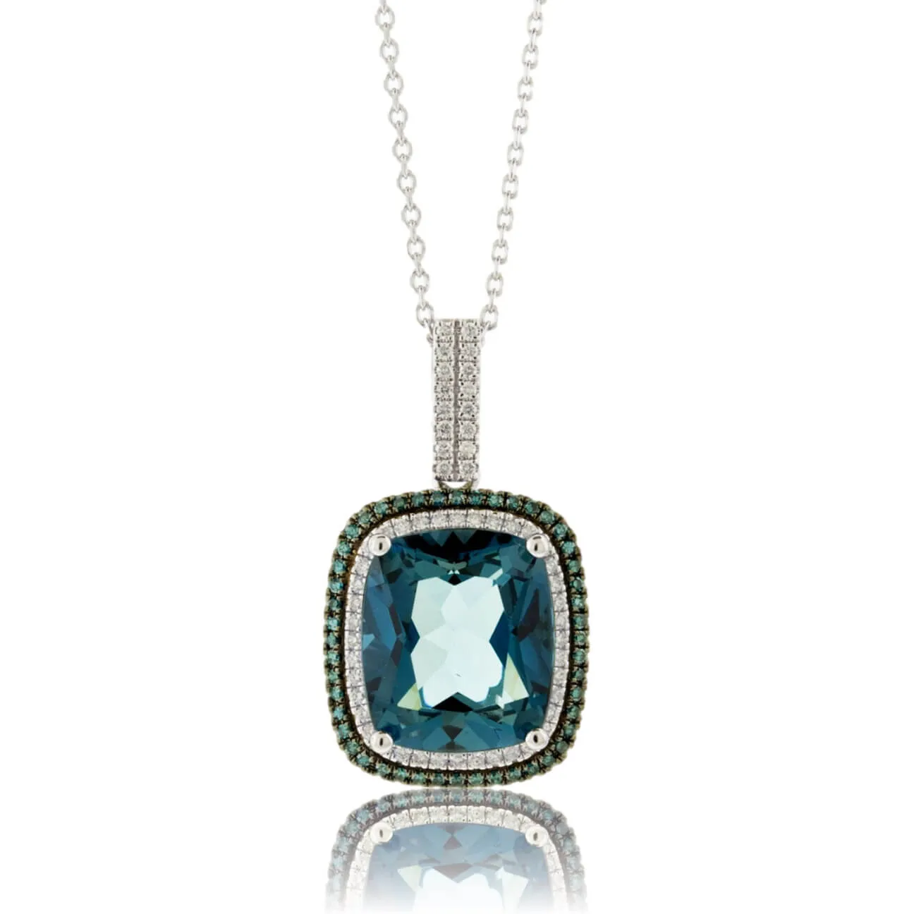 London Blue Topaz, Blue Diamond & Diamond Halo Pendant w/Chain