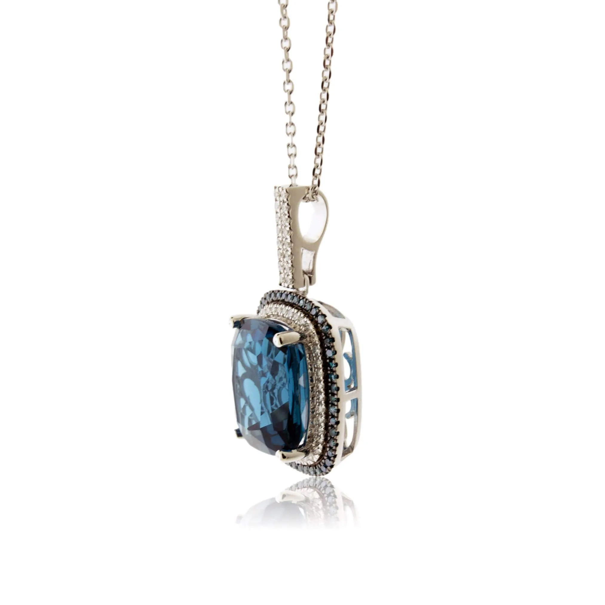 London Blue Topaz, Blue Diamond & Diamond Halo Pendant w/Chain