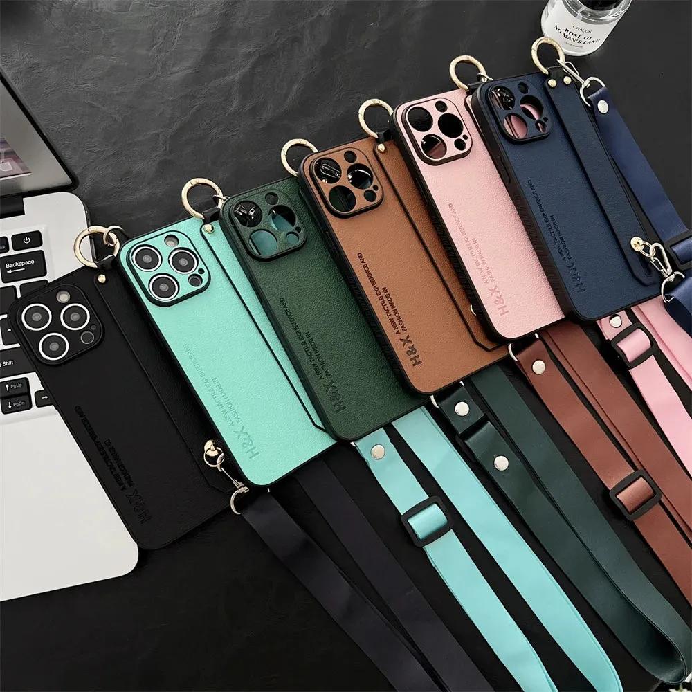 Luxury Leather Wrist Strap Crossbody Case for iPhone 15 14 13 Pro Max 12 Mini 15 Plus