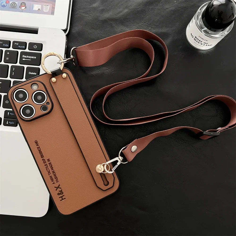 Luxury Leather Wrist Strap Crossbody Case for iPhone 15 14 13 Pro Max 12 Mini 15 Plus