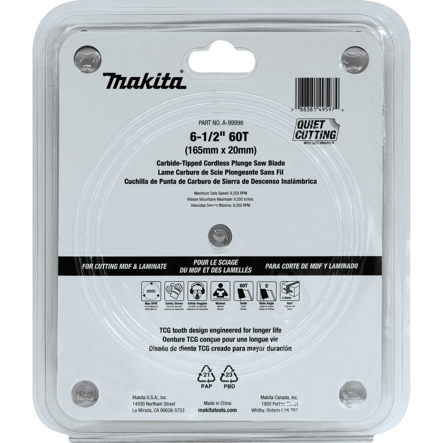 Makita (A-99998) 6-1/2" 60T (TCG) Carbide-Tipped Plunge Saw Blade, MDF, Laminate