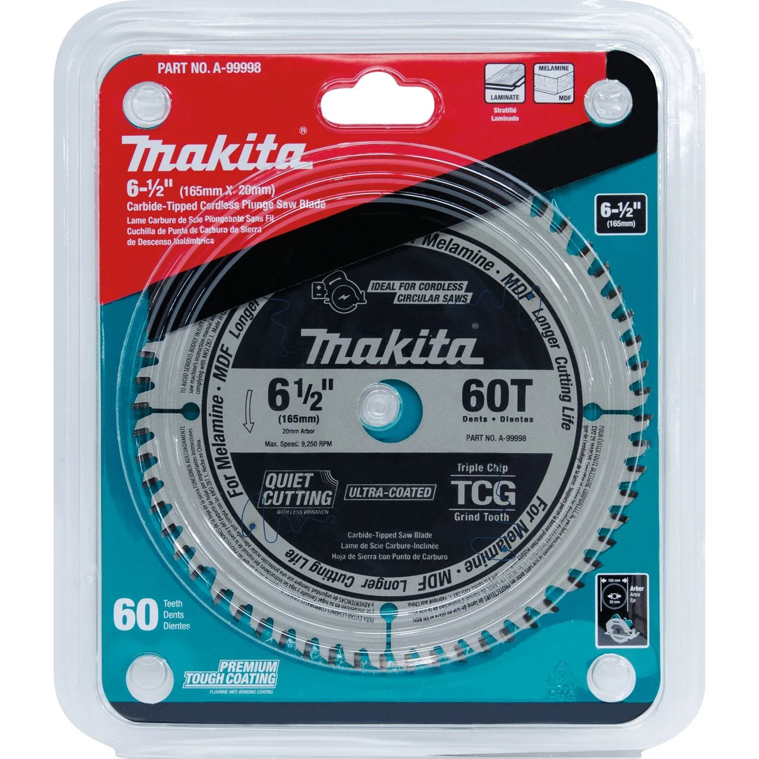 Makita (A-99998) 6-1/2" 60T (TCG) Carbide-Tipped Plunge Saw Blade, MDF, Laminate