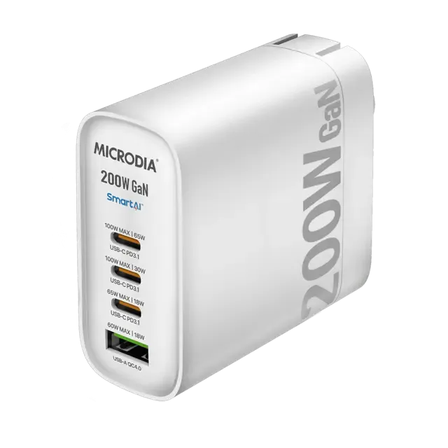 MICRODIA SMARTCube™ Nano 200W, GaN Wall Charger, 3-Port USB-C PD3.1   USB-A QC4.0