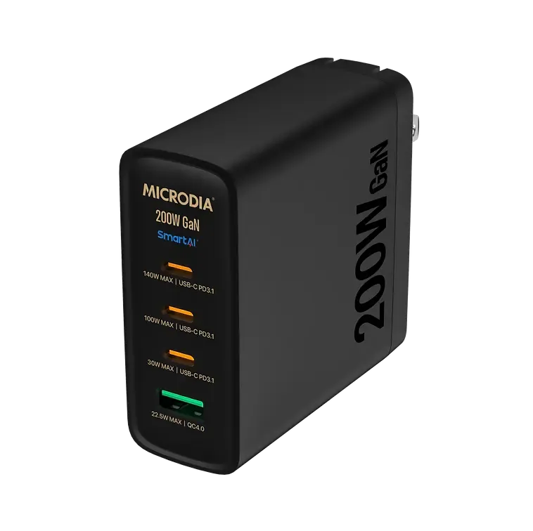 MICRODIA SMARTCube™ Nano 200W, GaN Wall Charger, 3-Port USB-C PD3.1   USB-A QC4.0