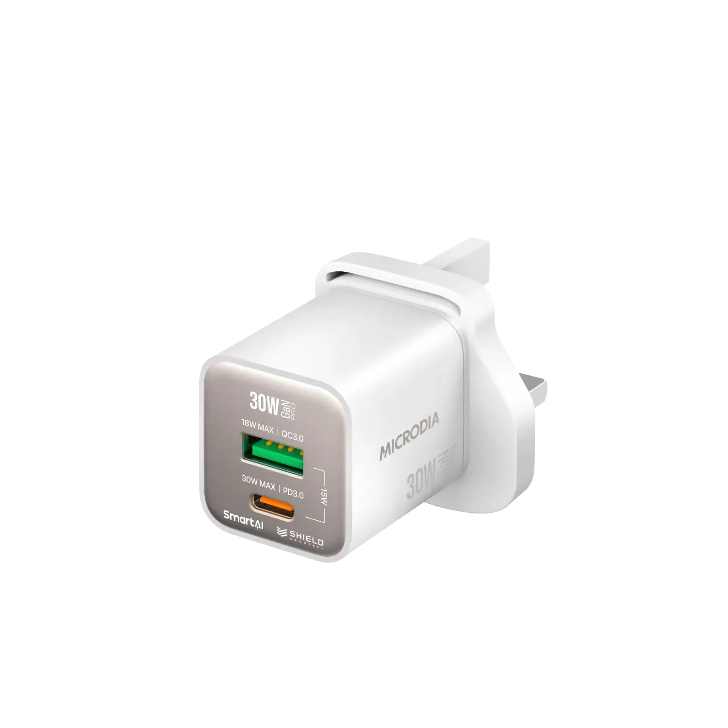 MICRODIA SMARTCube™ Nano 30W GaN Pro Wall Charger, Dual-Port, USB-C PD3.0   USB-A QC3.0