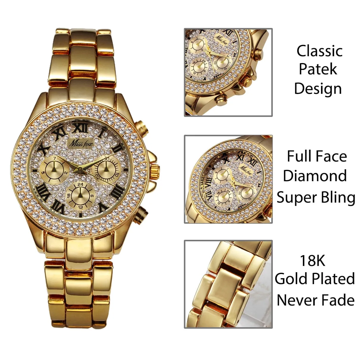 MISSFOX Ladies Waterproof Luxury Rhinestone Quartz Wristwatch