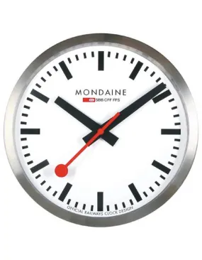 Mondaine Round Wall Clock - White Dial - Brushed Stainless Steel Case