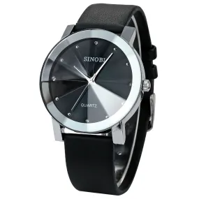 New SINOBI Watch Luxury Brand Diamond Crystal Silver Case Elegant Men Quartz Wrist Gift Dress Men's Leather Strap Watches