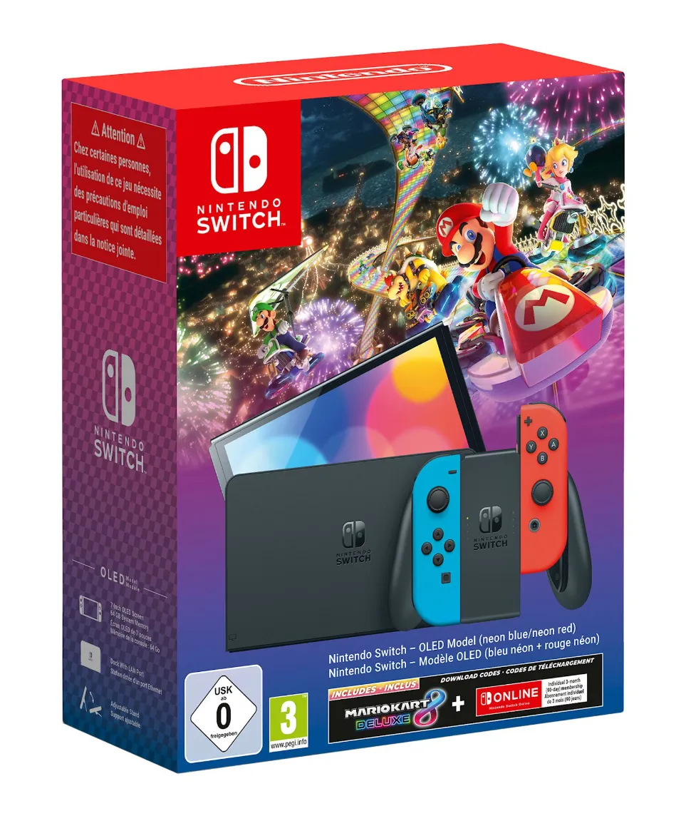 Nintendo Switch OLED Neon Mario Kart 8 Deluxe & 3 Month online Subscription Bundle