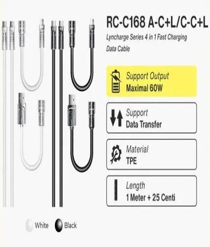 REMAX Cable 4in1 Fast Charging 60W Lyncharge Type C to Type C with Extension USB-A & Lightni