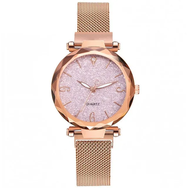 Rose Gold Women Watch, Luxury Magnetic Starry Sky Lady Wrist Watch, Mesh