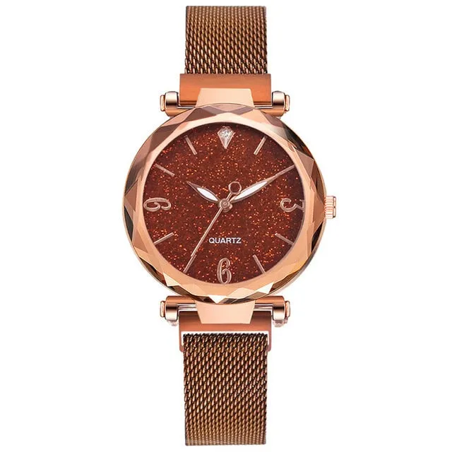 Rose Gold Women Watch, Luxury Magnetic Starry Sky Lady Wrist Watch, Mesh