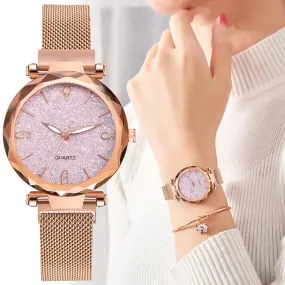 Rose Gold Women Watch, Luxury Magnetic Starry Sky Lady Wrist Watch, Mesh