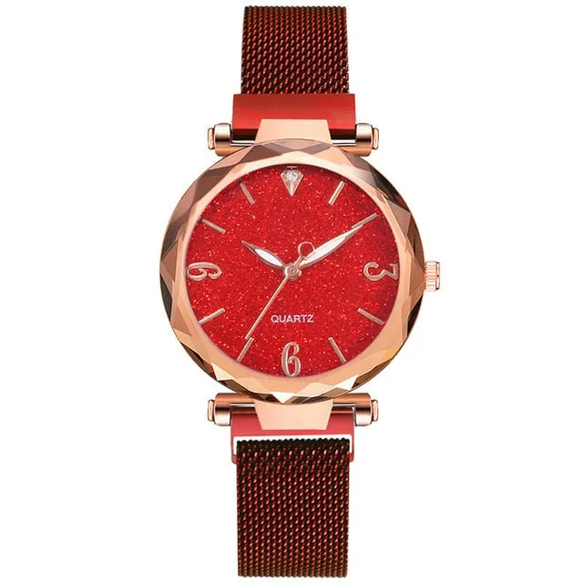 Rose Gold Women Watch, Luxury Magnetic Starry Sky Lady Wrist Watch, Mesh