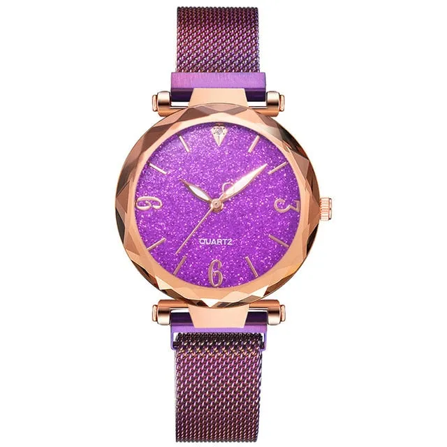 Rose Gold Women Watch, Luxury Magnetic Starry Sky Lady Wrist Watch, Mesh