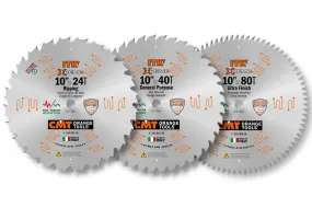 Set of 3 CMT ITK Xtreme Orange Chrome 10" Thin Kerf Blades - General Purpose, Ultra Finish Crosscut, and Rip (DCE)