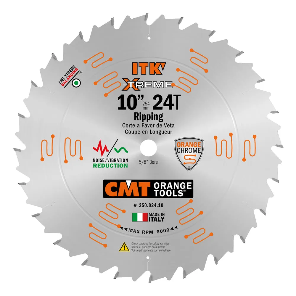 Set of 3 CMT ITK Xtreme Orange Chrome 10" Thin Kerf Blades - General Purpose, Ultra Finish Crosscut, and Rip (DCE)