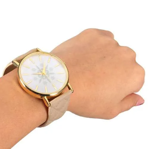 Snowflake Printed Gold Case Leather Band Women Quartz Watch