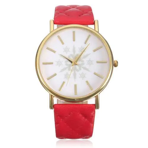 Snowflake Printed Gold Case Leather Band Women Quartz Watch