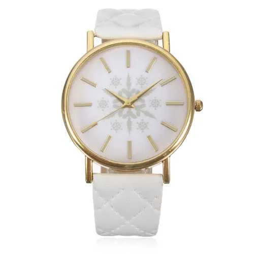 Snowflake Printed Gold Case Leather Band Women Quartz Watch