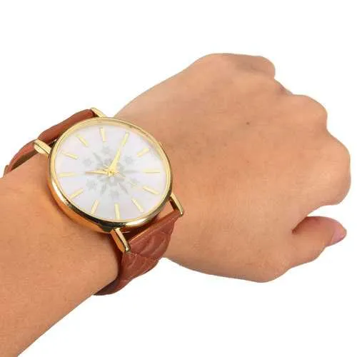 Snowflake Printed Gold Case Leather Band Women Quartz Watch