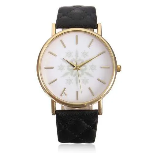 Snowflake Printed Gold Case Leather Band Women Quartz Watch