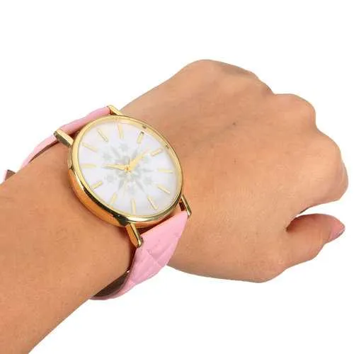 Snowflake Printed Gold Case Leather Band Women Quartz Watch