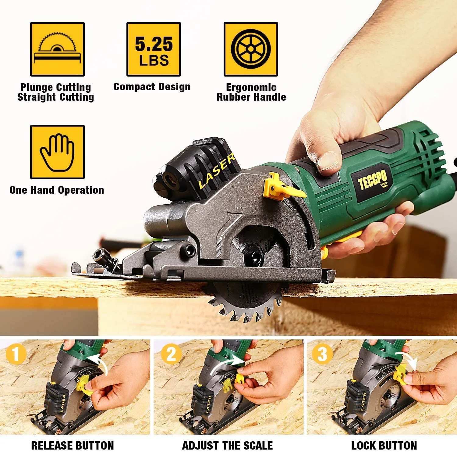 TECCPO Mini Circular Saw, TECCPO 4.8Amp Compact Circular Saw with Laser Guide, 3-5/16” Mini Saw with 3 Saw Blades, Scale Ruler and Pure Copper Motor,Ideal for Wood, Soft Metal, Tile & Plastic Cuts - TAPS22P