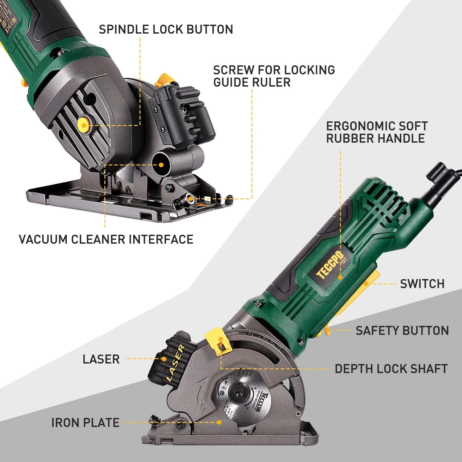 TECCPO Mini Circular Saw, TECCPO 4.8Amp Compact Circular Saw with Laser Guide, 3-5/16” Mini Saw with 3 Saw Blades, Scale Ruler and Pure Copper Motor,Ideal for Wood, Soft Metal, Tile & Plastic Cuts - TAPS22P