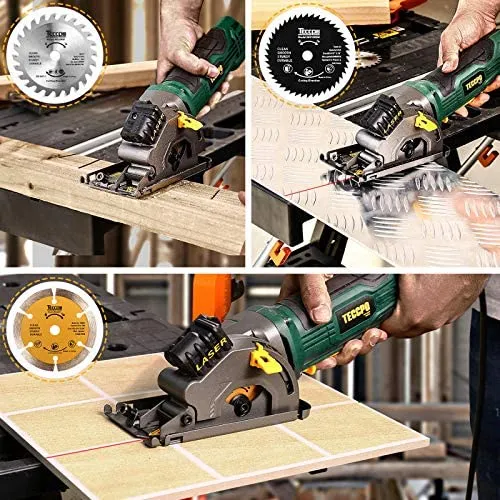 TECCPO Mini Circular Saw, TECCPO 4.8Amp Compact Circular Saw with Laser Guide, 3-5/16” Mini Saw with 3 Saw Blades, Scale Ruler and Pure Copper Motor,Ideal for Wood, Soft Metal, Tile & Plastic Cuts - TAPS22P