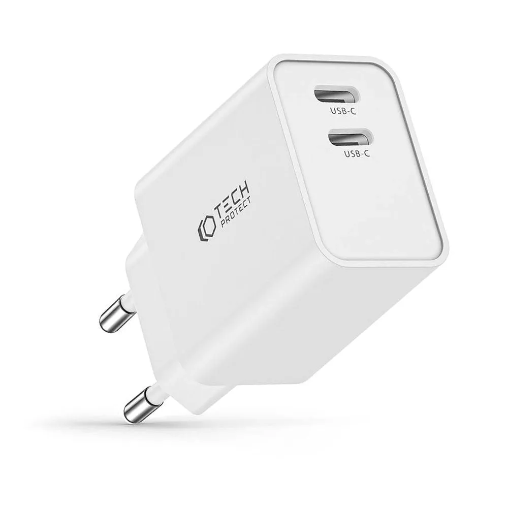 Tech-Protect Network PD 35W Vægoplader m. 2 x USB-C - Hvid