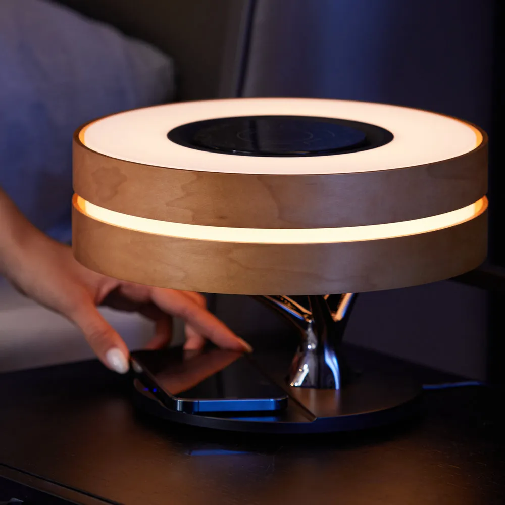 Wooden Smart Table Lamp with TWS Wireless Speaker Qi Wireless Charger